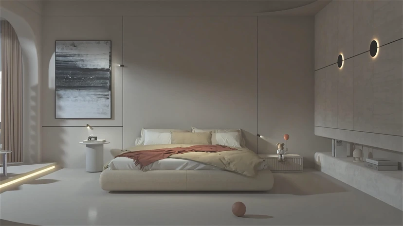Softly lit evening bedroom with halo wall discs on a thin black line and small adjustable spots beside the bed