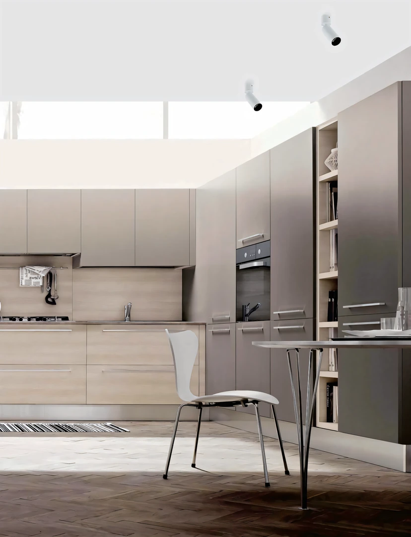 Daylit contemporary kitchen in taupe and oak with two slim surface spotlights on the white ceiling
