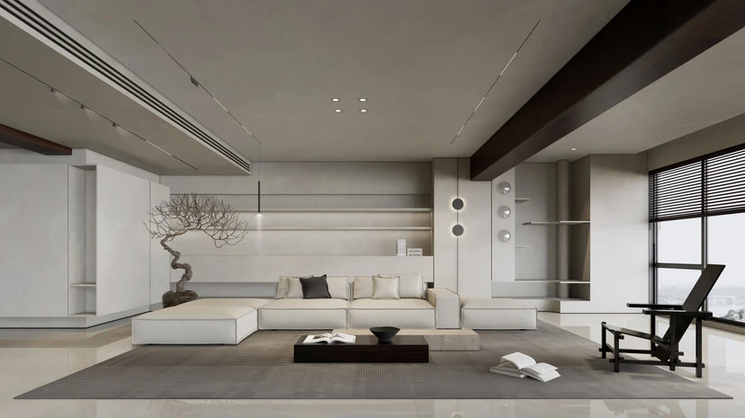Open-plan living space with a dark timber beam, fine linear track lines and recessed spots across a plaster ceiling