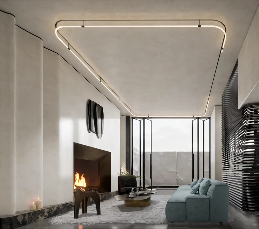 Living room with a fireplace under a rounded loop of light on the ceiling