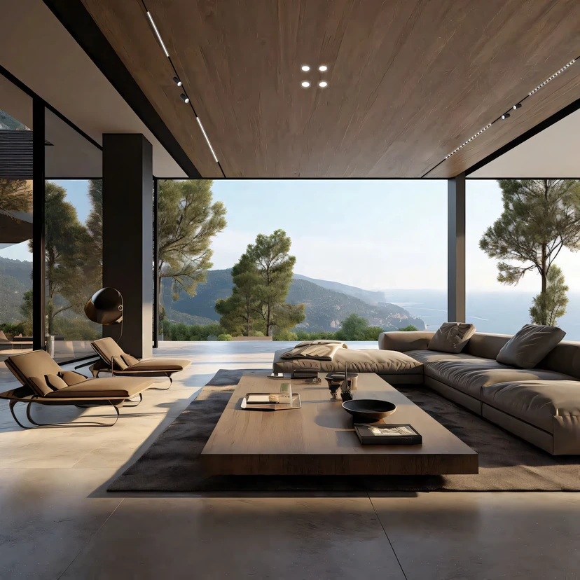 Villa living room with a timber ceiling carrying linear light lines and recessed spots, opening to a terrace and sea view
