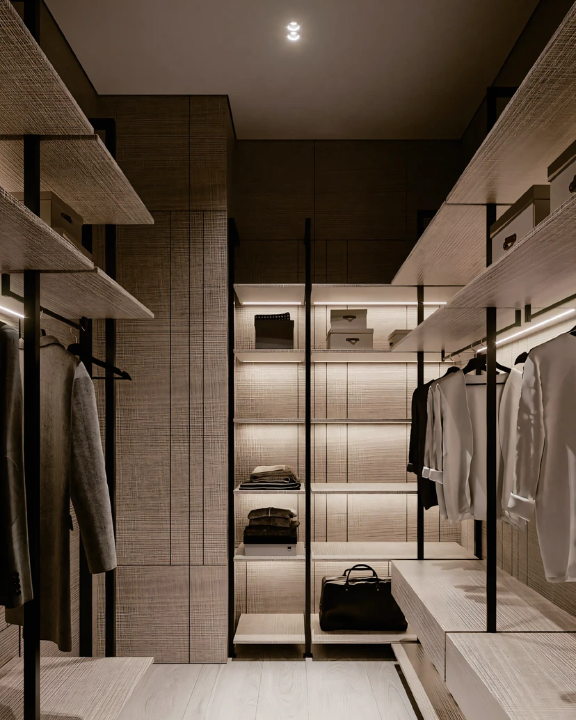 Walk-in wardrobe glowing with warm integrated shelf lighting and a single recessed spot overhead