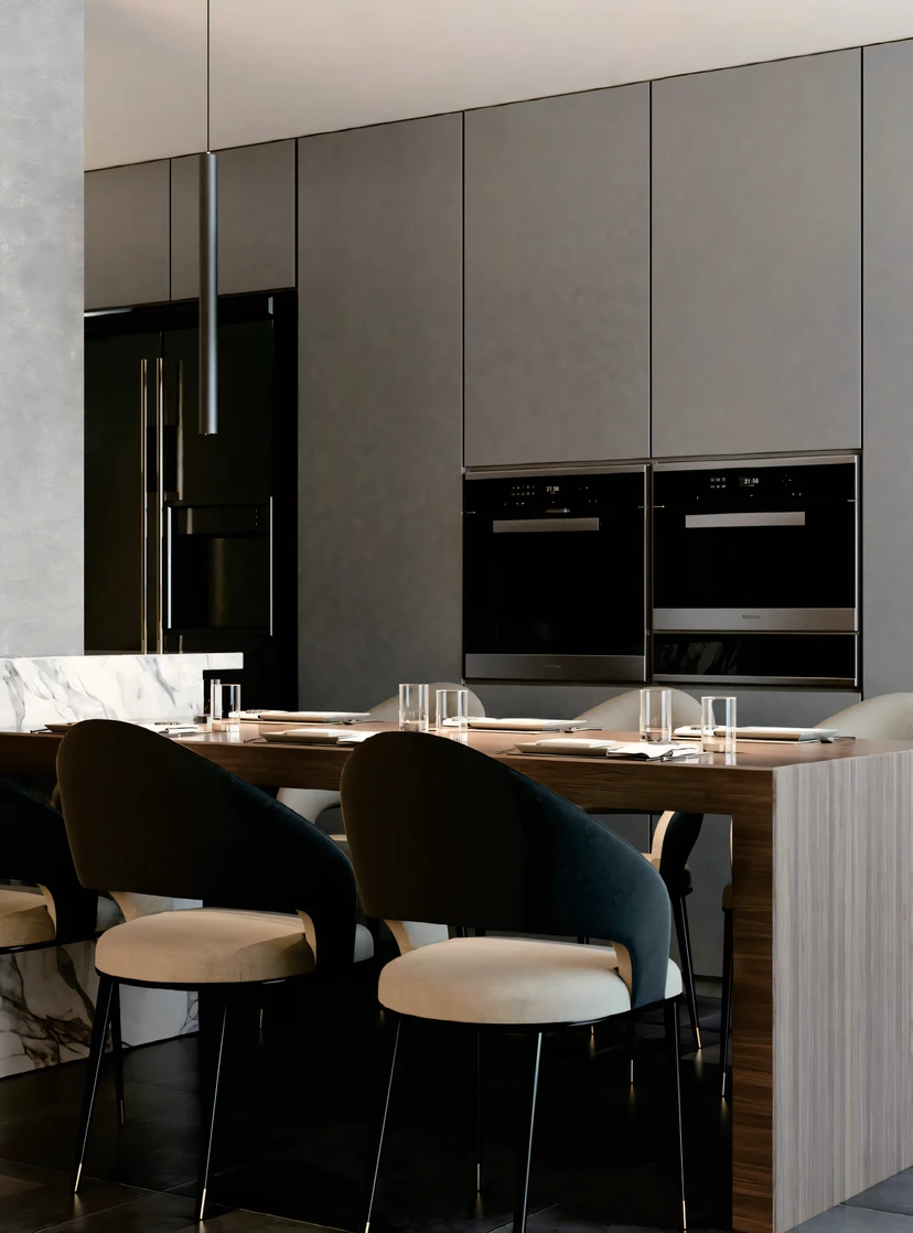 Dark, refined kitchen with tall grey cabinetry, built-in ovens and a walnut island under a slim suspended light