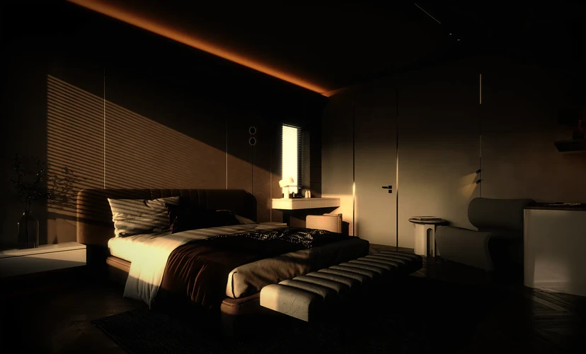 The same bedroom at night, lit by a warm line of light along the ceiling and a bedside light