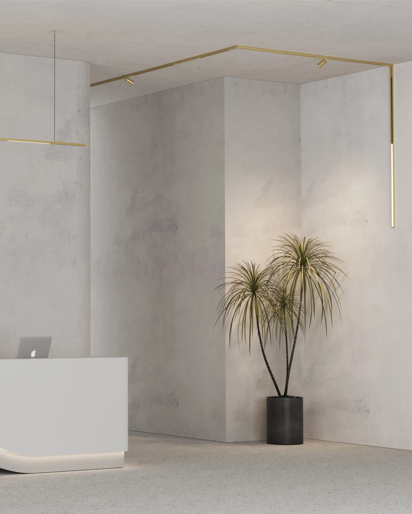 Reception corner with a brass magnetic track and a slim pendant