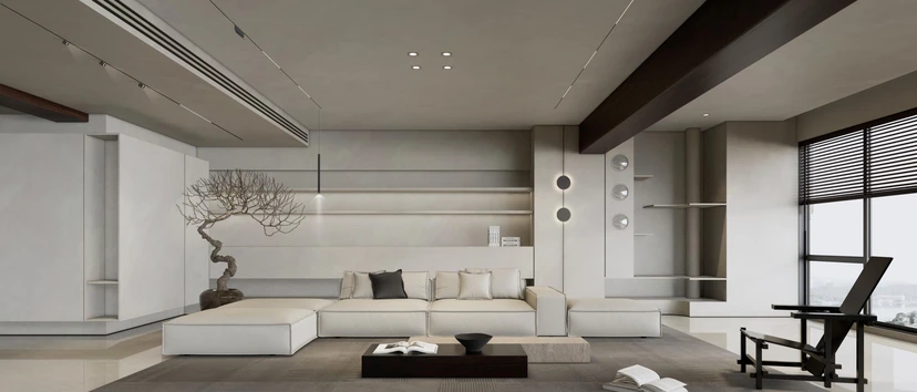 Open-plan living room with a dark timber beam and fine lines of light across a pale ceiling