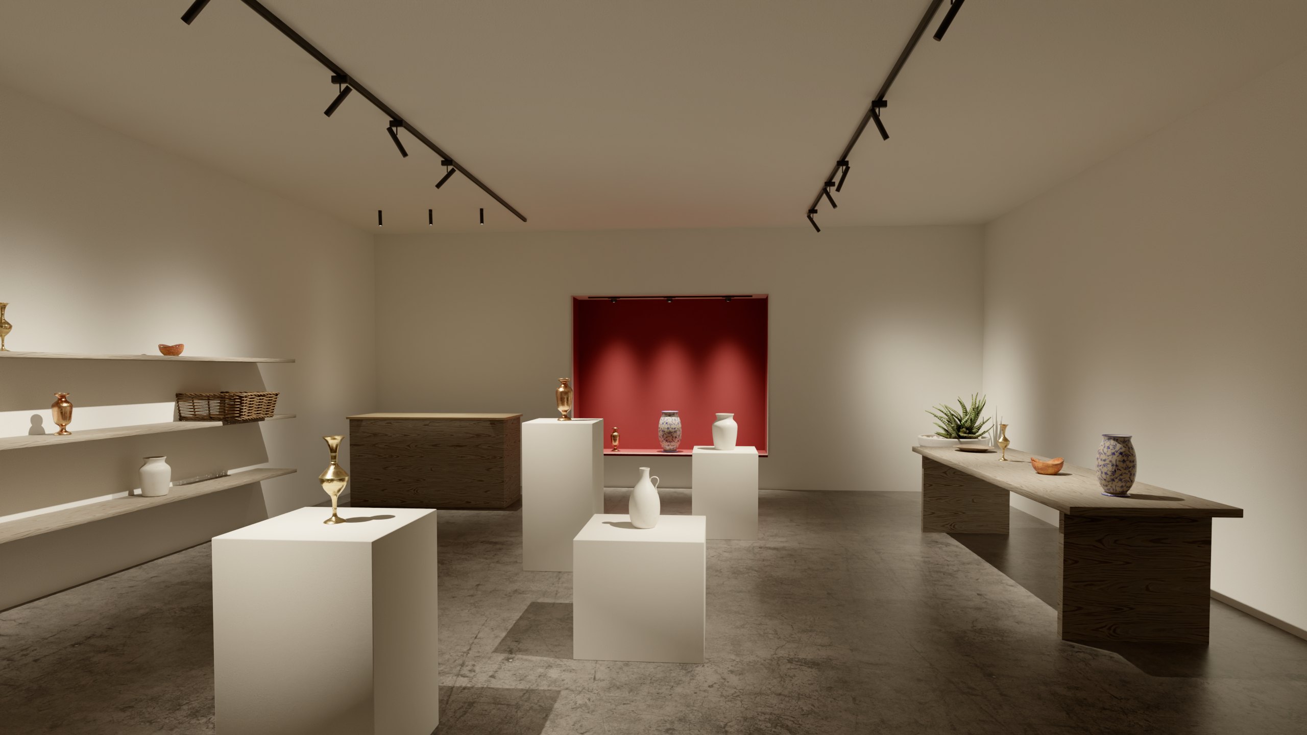 Concept store: faretti a tubo su due binari illuminano ceramiche su piedistalli e mensole, faretti a tamburo in una nicchia di velluto rosso, faretti a plafone sul banco.