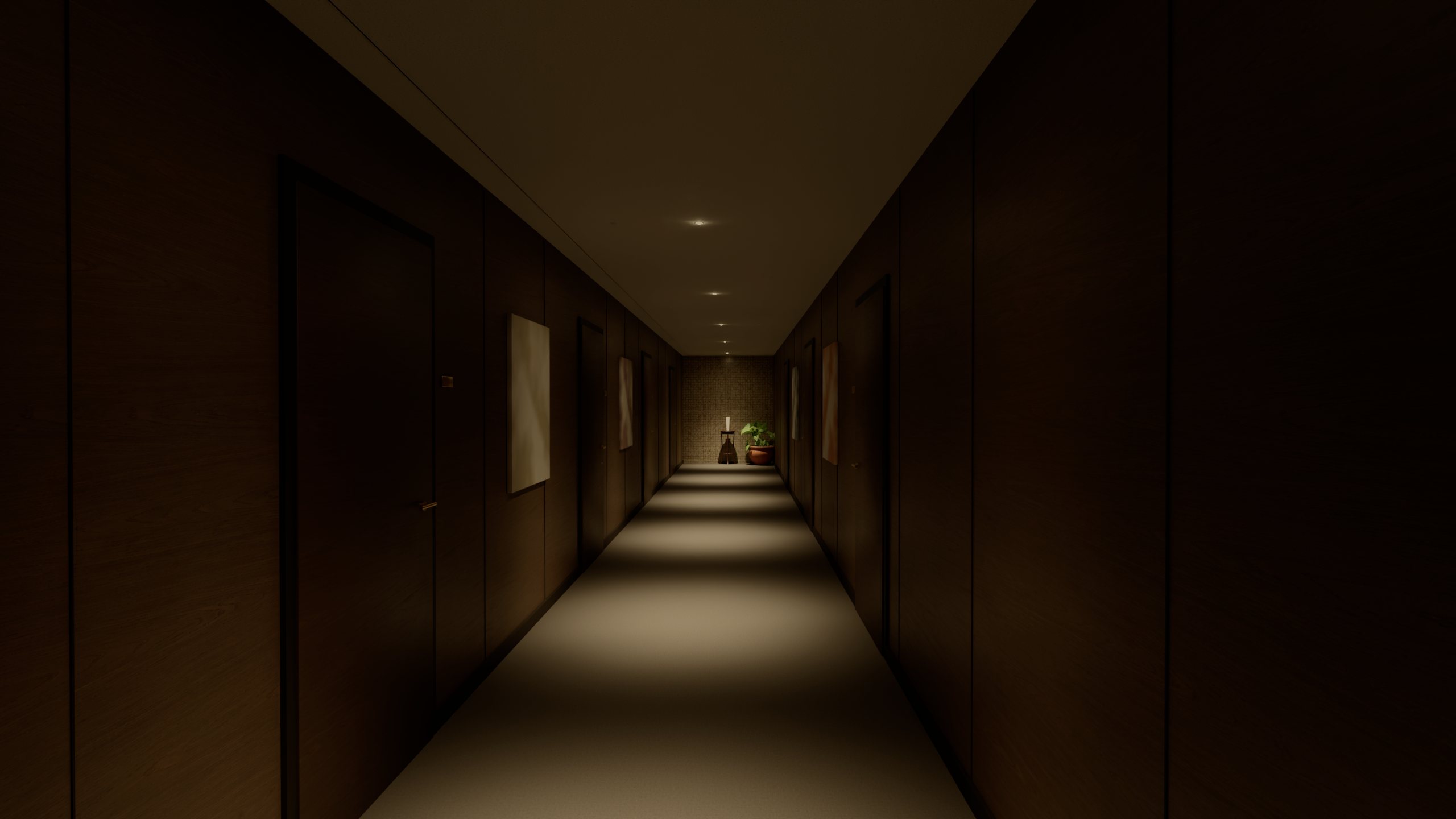 Hotel corridor lit by Moon DL0962 alone