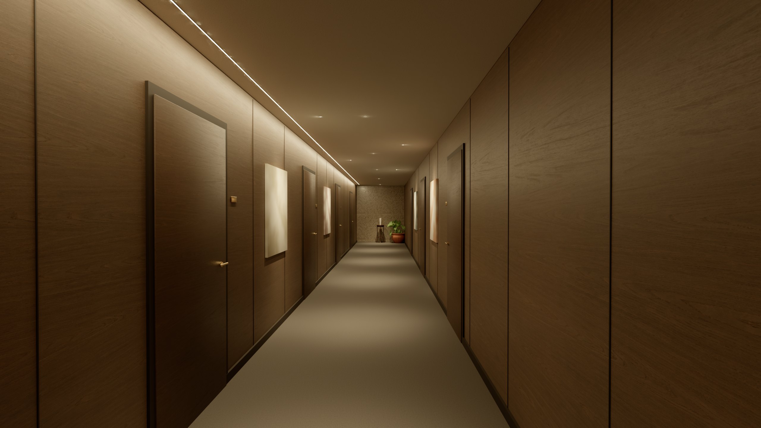 Corridoio d’albergo con boiserie in noce: downlight da incasso al centro, una linea di luce continua che radente la boiserie e mini faretti sulle opere.