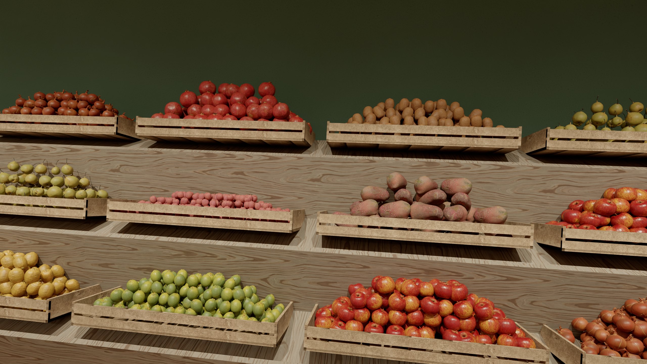Greengrocer: crates of apples, lemons, limes, pomegranates, pears, lychees, onions and sweet potatoes on a stepped stand against a dark green wall, lit by sphere spots on slim tracks.